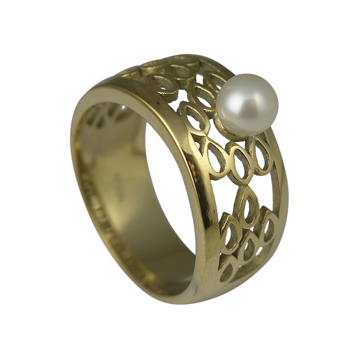 Edelstahlring Gold PVD Tropfen mit Perle Muster